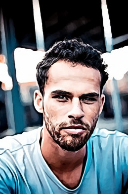 Man wearing blue crew neck shirt