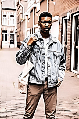 Man wearing gray denim jacket