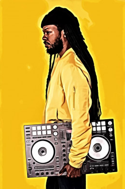 Man wearing yellow jacket holding black dj turntable