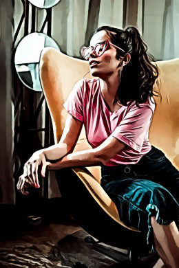 Woman sitting on yellow sofa