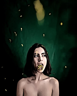 Woman with yellow petals on tongue