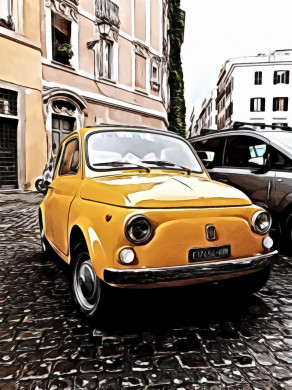 Yellow vehicle parked near building