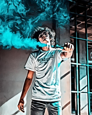 Man posing while holding blue smoke bomb