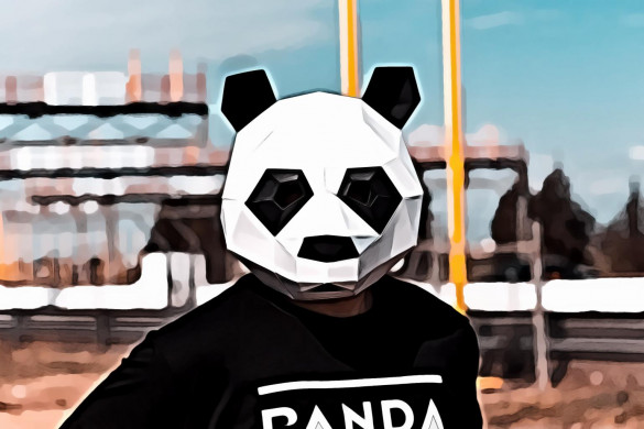 Person wearing white and black panda full face mask