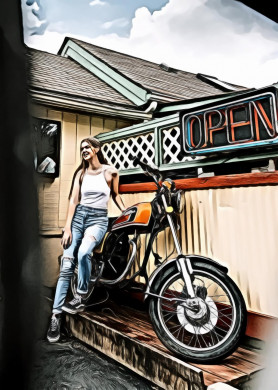 Woman in white cami top leaning on orange motorcycle