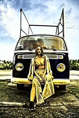 Woman sitting and posing in front of van