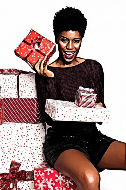 Woman wearing maroon long sleeved shirt and black shorts holding gift boxes