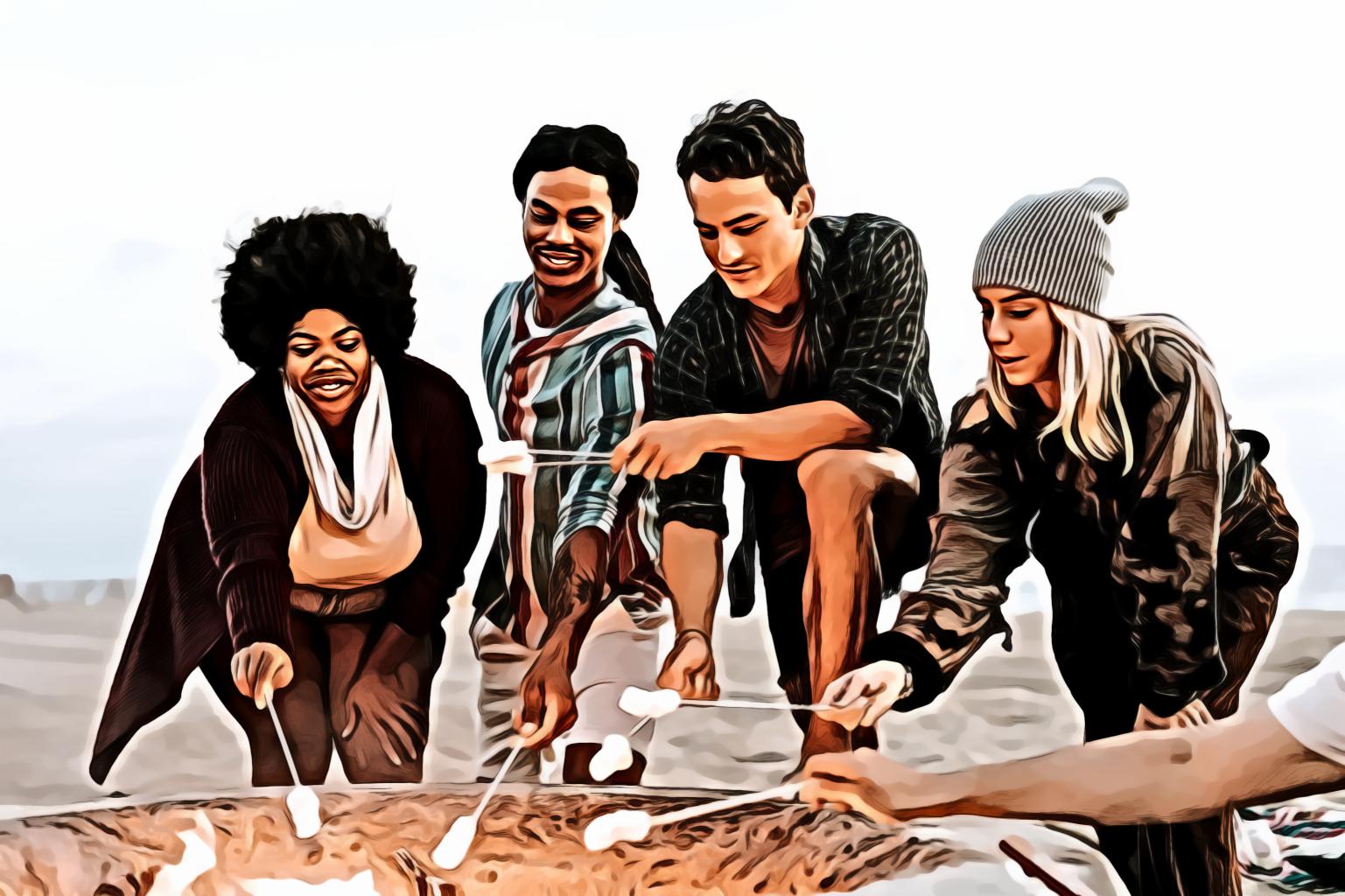 Group Of People Toasting Marshmallows On Stick