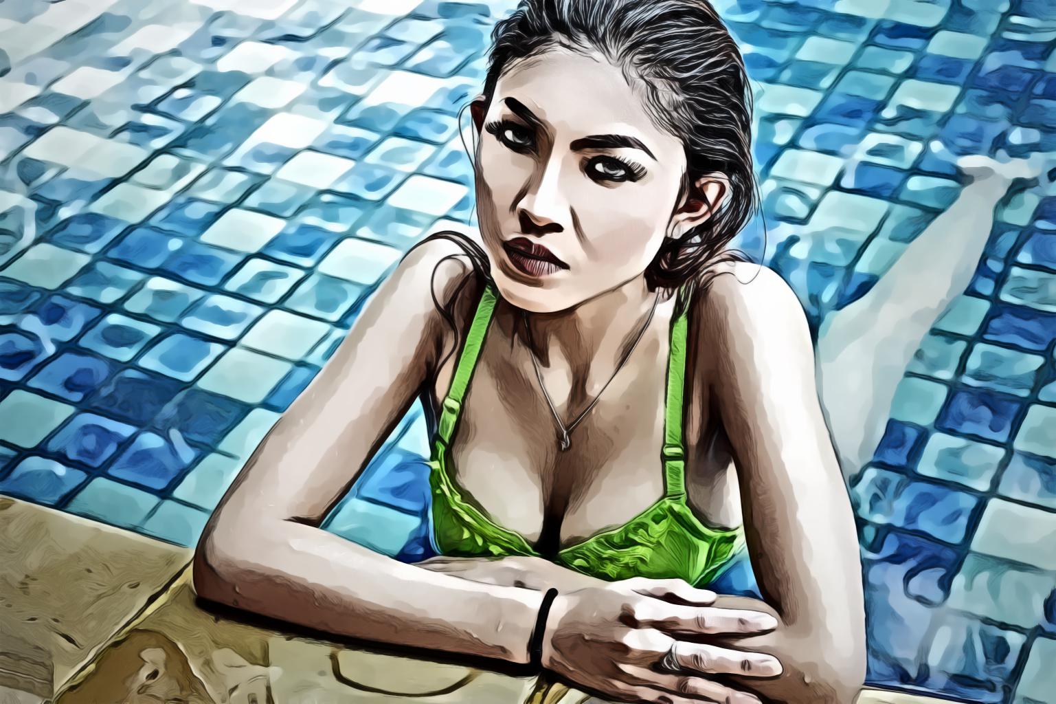 Woman Wearing Green Bra in Pool