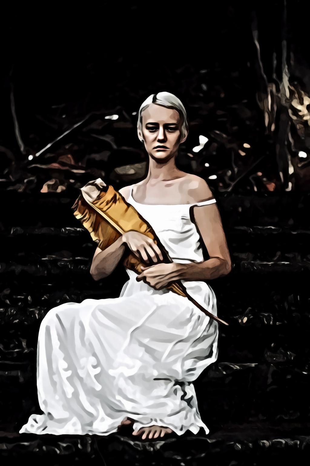 Woman in White Dress Sitting on Concrete Staircase Holding Dry Banana Leaf