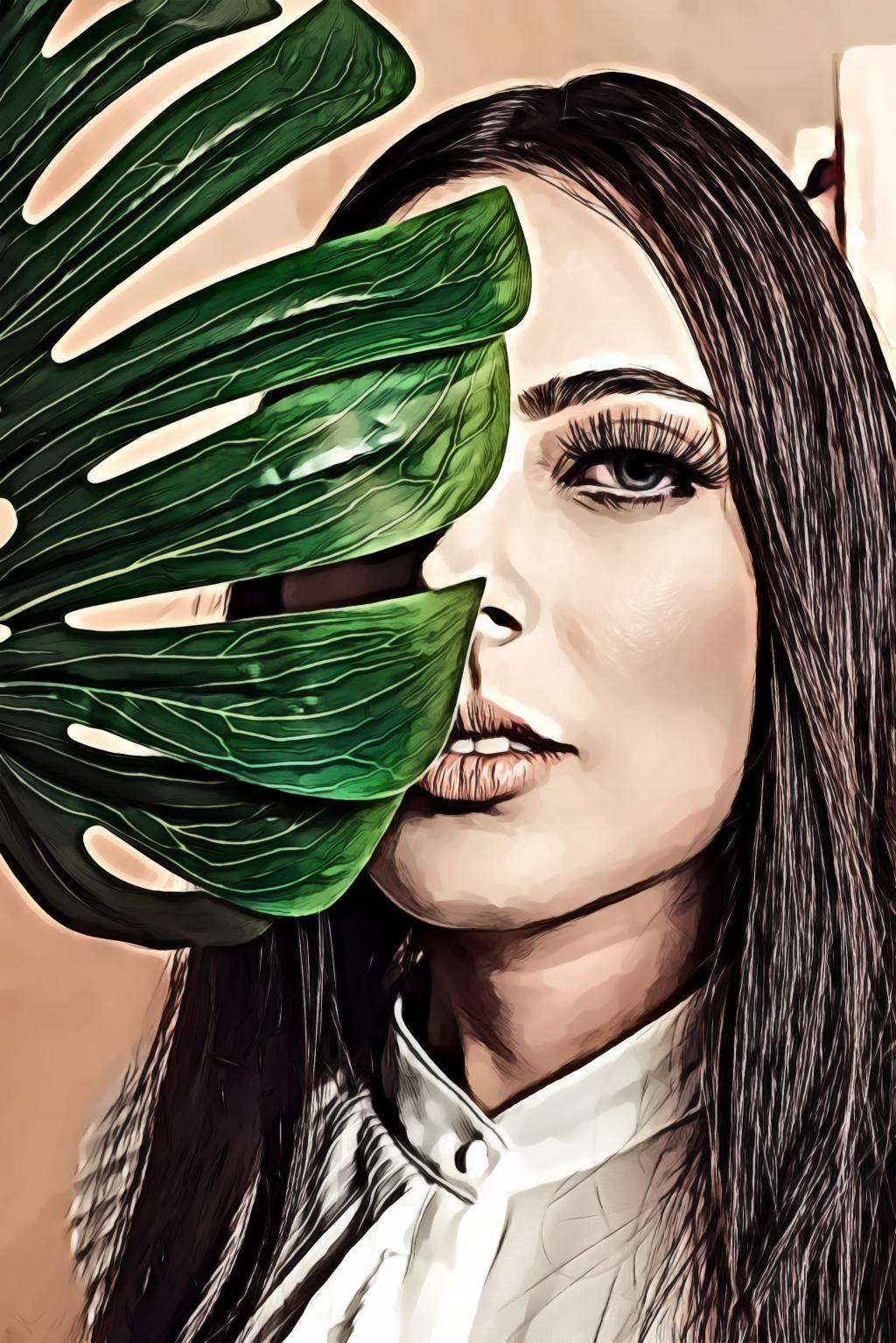 Woman covered her right face with green leafed plant