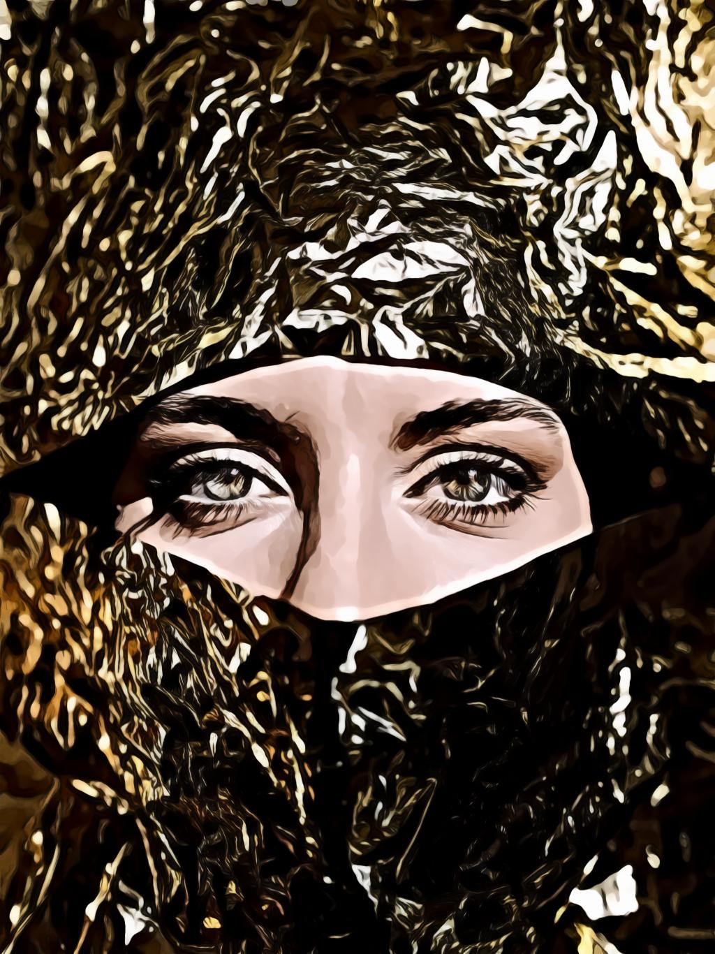 Woman behind gold paper
